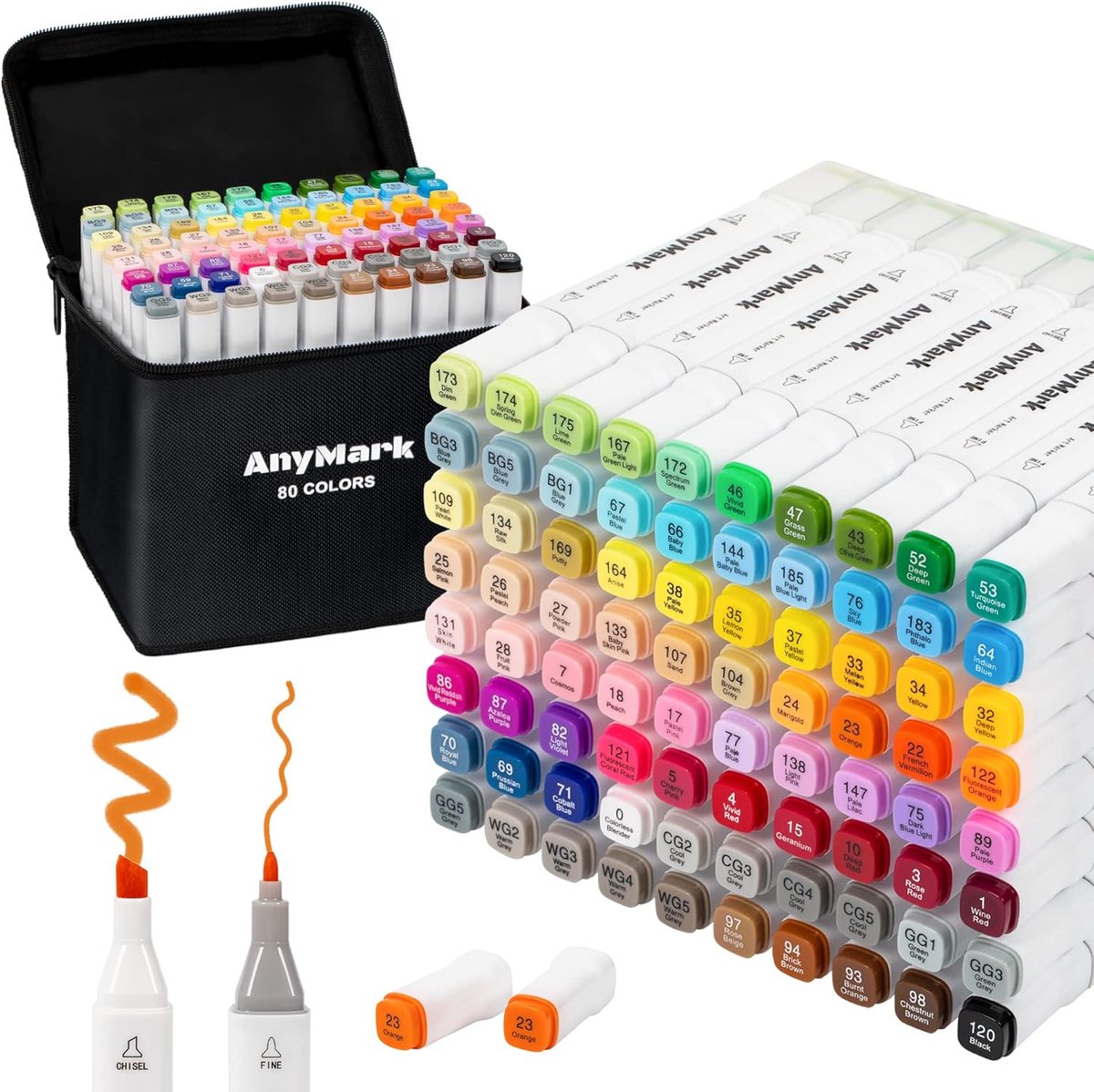 SnelShoppen - Alcohol Markers 80 Kleuren - Dubbele Punt, Chisel & Fijn, Sneldrogend, Kleurpotloden voor Illustraties, Handlettering, Manga en Creatiev