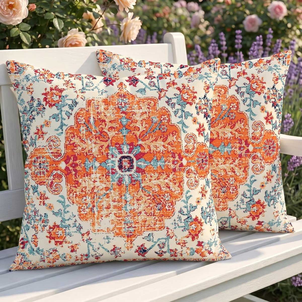 SnelShoppen - Weerbestendige outdoor kussenhoezen set van 2, 40 x 40 cm boho-sierkussens met dubbelzijdig patroon in rood, vintage linnen bankkussens