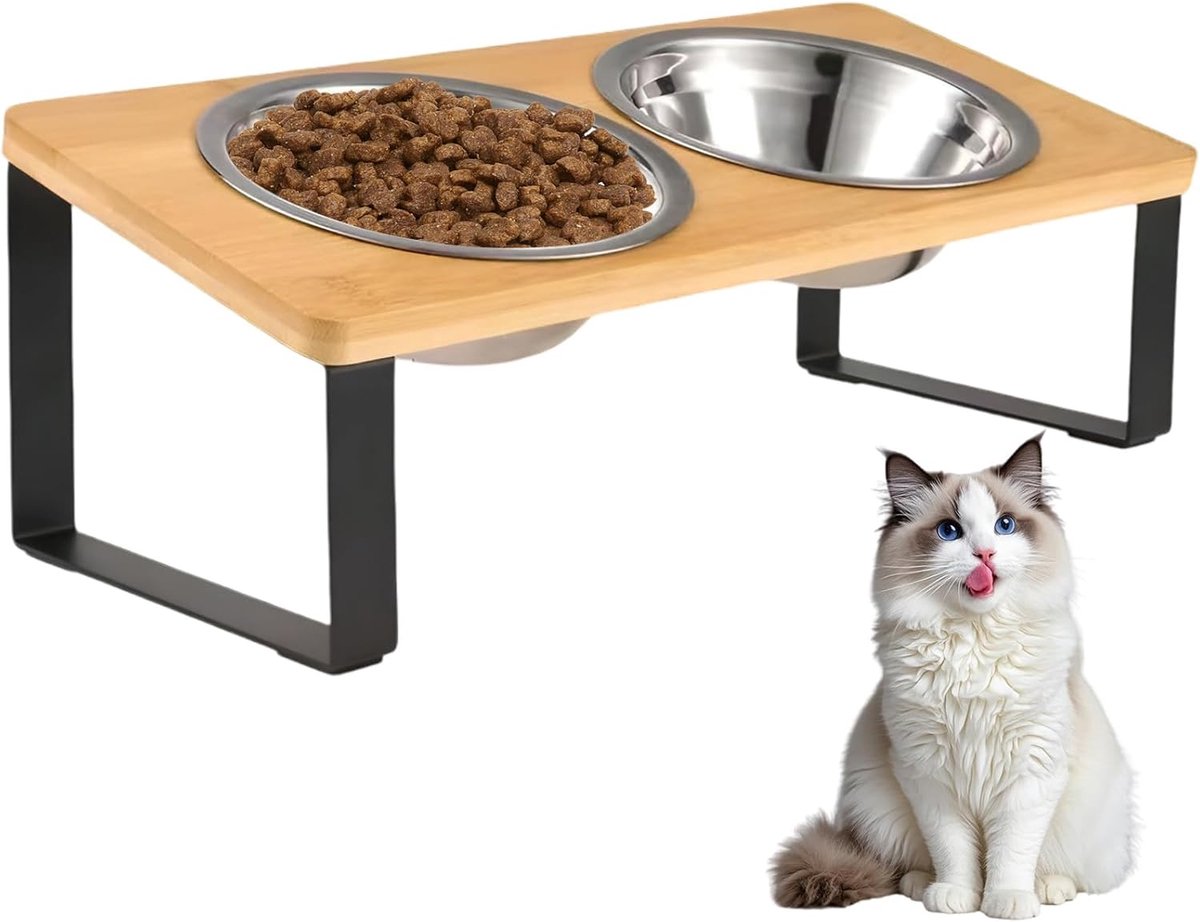 SnelShoppen - Verhoogde Kattenvoederbak met Bamboe Stand en Antislipmat - 250 ml RVS - Twee 15° Gehoekte Houten Voederbakken voor Katten en Kleine Hon