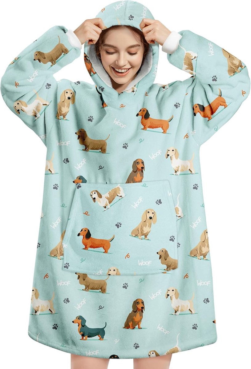 SnelShoppen - Plaid Hoodie Unisex Fleece Dekens met Mouwen en Zak - Sherpa Winter Pullover Poncho - Zachte Comfortabele Dachshund Print in Blauw - One