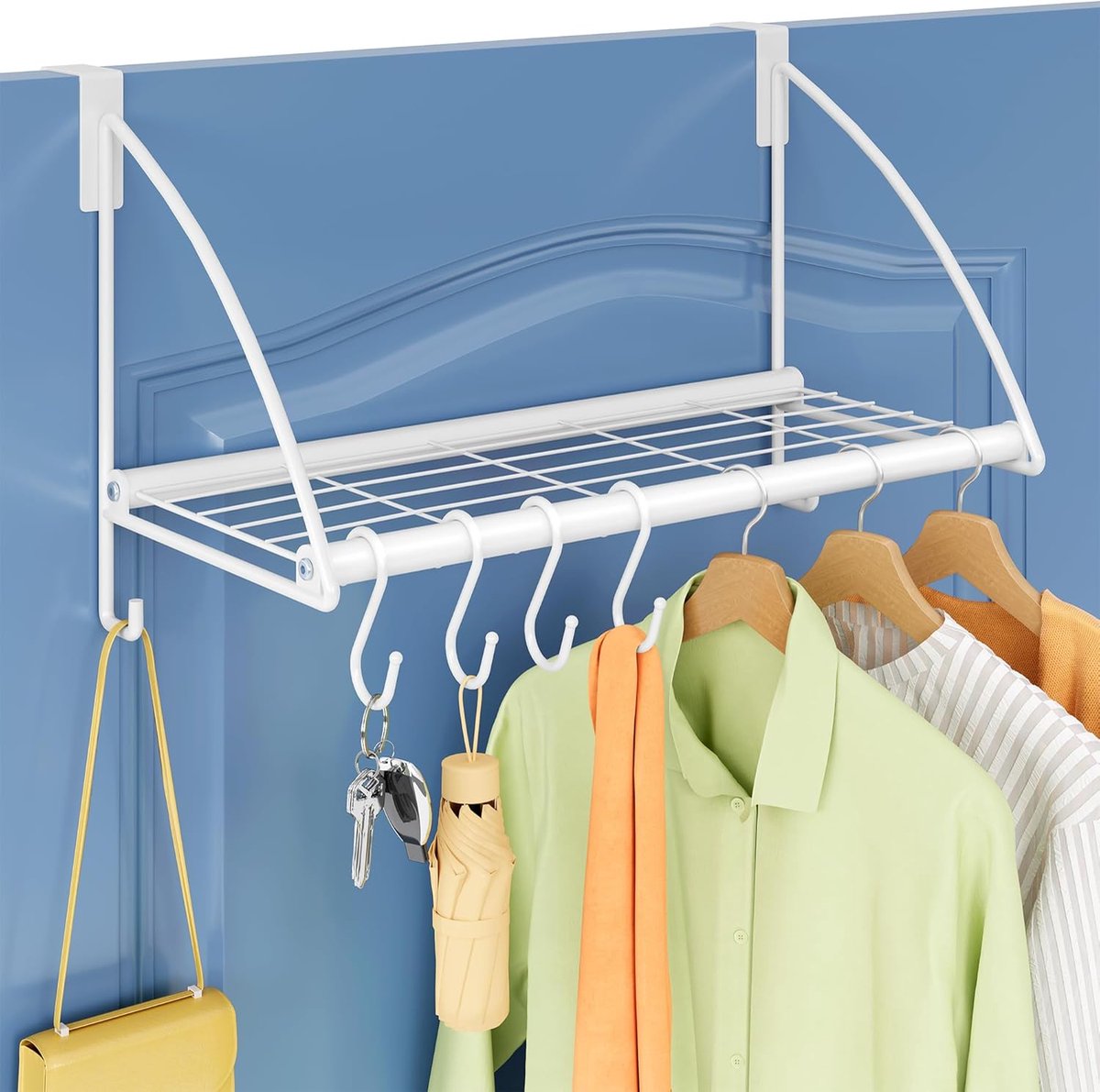 SnelShoppen - Over The Door Hanger met Opbergrek en 6 Haken in Wit - Hangrek voor Kleding, Jassen, Badkamer, Slaapkamer, Woonkamer - Ruimtebesparend e