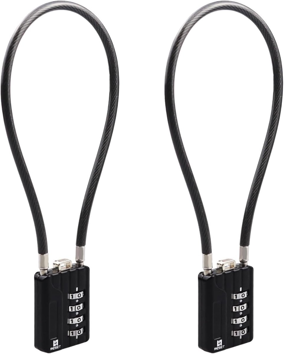SnelShoppen - 2-Pack RESET -204 Combinatieslot met 4-cijferige Code en 30cm Staal Kabel voor Lockers, Bagage, Koffers, Gereedschapskisten, Helmen - Zw