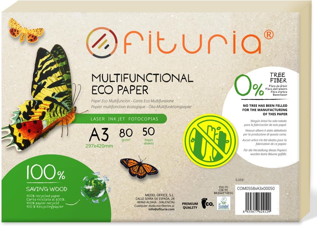 SnelShoppen - A3 Printerpapier 80g, 50 Vellen, 100% Gerecycled, Composteerbaar, Biologisch Afbreekbaar, Geschikt voor Laser en Inkjet Printers, Nature