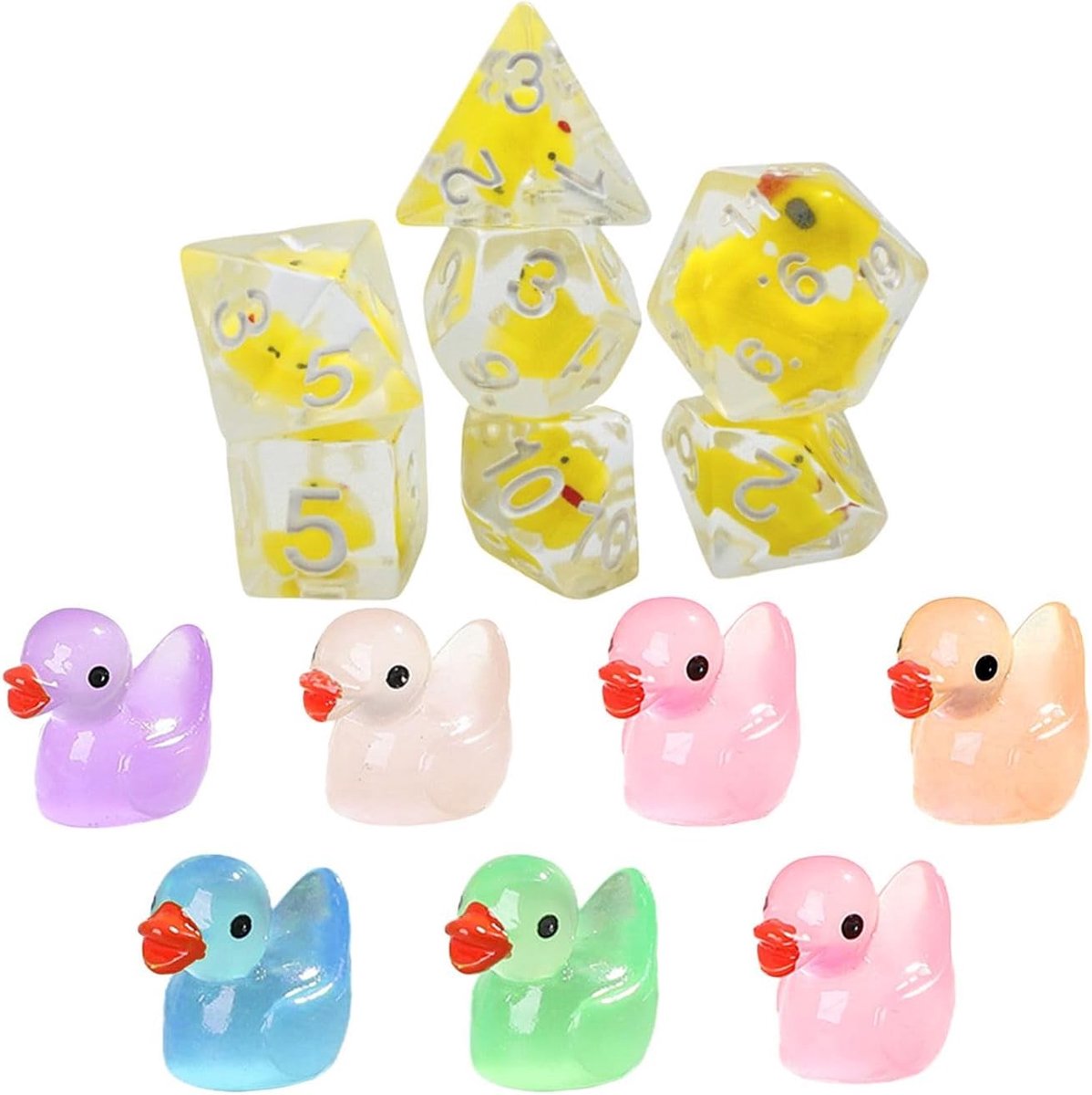 SnelShoppen - 7 Resin Dobbelstenen en 7 Eend Ornamenten, Transparante Kleurkern, Felgekleurde D4 tot D20 voor DnD Bordspellen en Rollenspellen