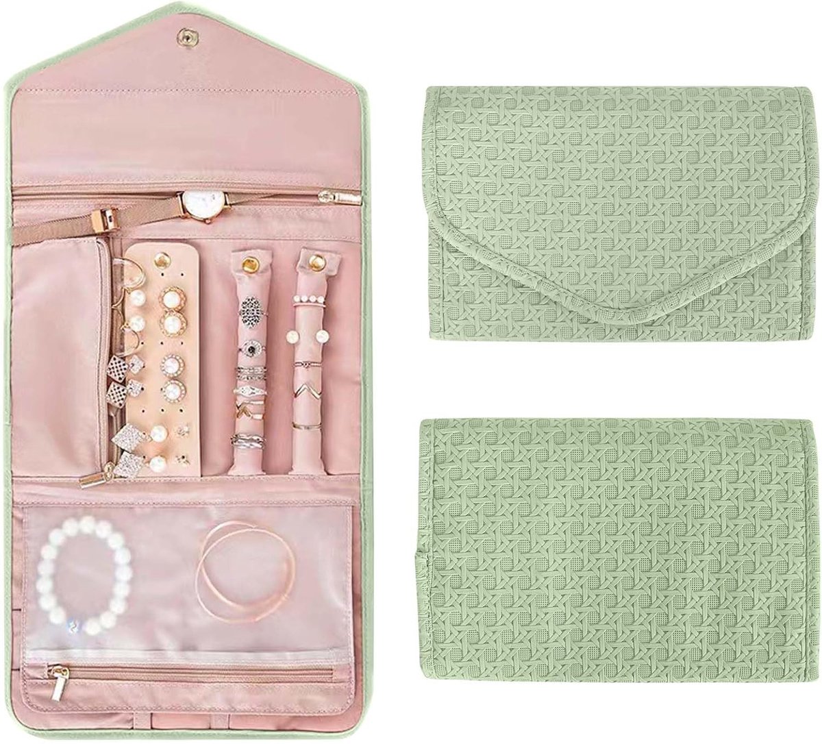 SnelShoppen - Vouwbare Reisblaadje Sieraden Organizer, Lederen Sieradenopslag, Waterdichte Juweelrol, Draagbare Opbergtas voor Oorbellen, Kettingen, R