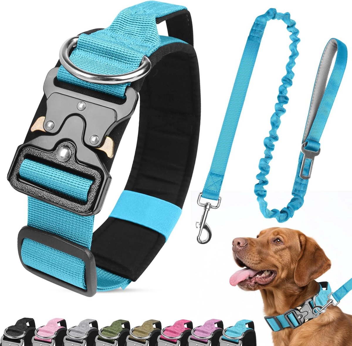 SnelShoppen - Tactical Dog Collar and Leash Set, Heavy Duty Padded Nylon Hondenhalsband met Metaal Gesp, Verstelbare Military Hondenlijn voor Medium L