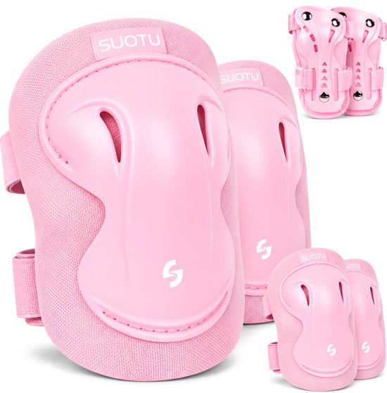 Roze SUOTU beschermset voor kinderen, bestaande uit knie-, elleboog- en polsbeschermers. Met logo.