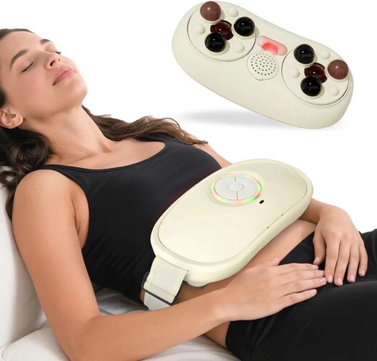 Buikmassageapparaat voor verlichting van een opgeblazen gevoel, volheid en reflux. Dit kalmerende, knedende buikmassageapparaat bevordert de spijsvertering en is oplaadbaar.