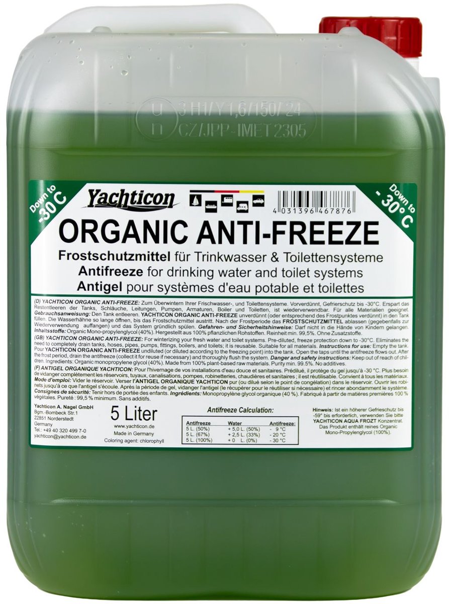 Yachticon Organic Anti-Freeze 5 liter voor drinkwater- en toiletsystemen - verdunbaar - tot min 30graden te gebruiken