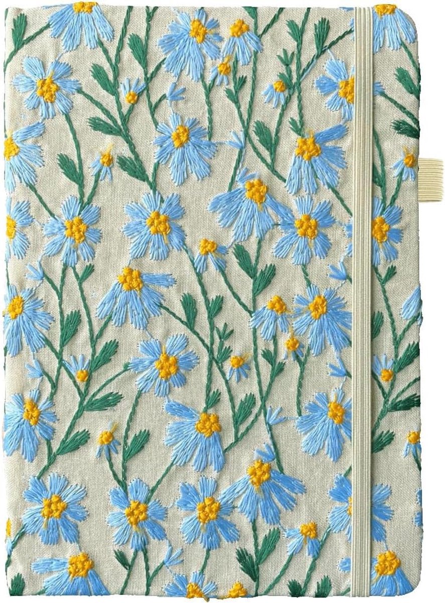 SnelShoppen - A5 Notitieboek, Bloemige Dagboek, Geborduurd Stof, 20x15cm, Hardcover, Platliggende, Lijn, Brede Lijnen, Gepersonaliseerd Notitieboek, M