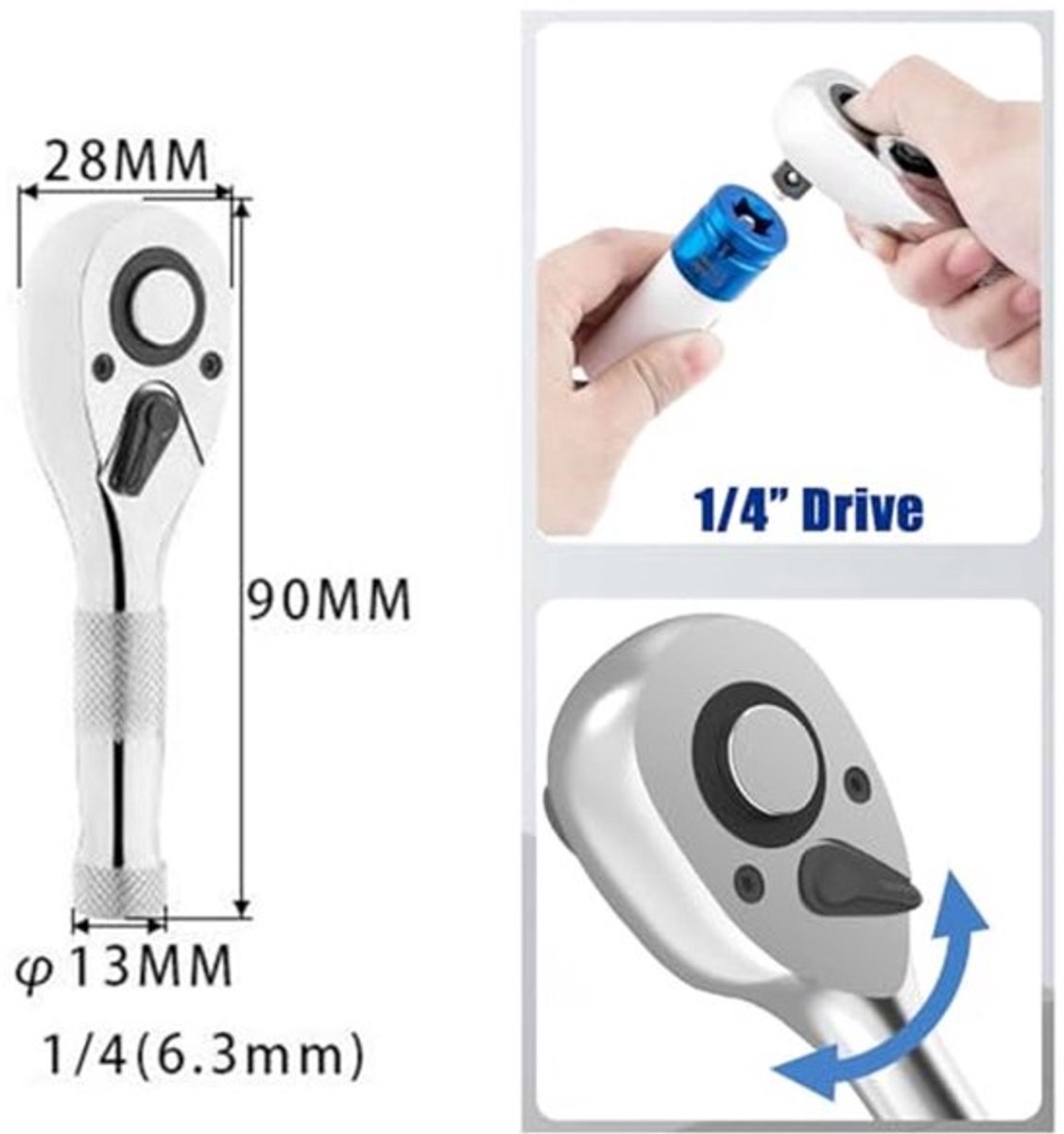Stubby Ratchet Wrench, 1/4" Drive Mini Ratchet Handle, 72 Tanden Snelle Ontgrendeling Omkeerbare Ratchet Sleutel