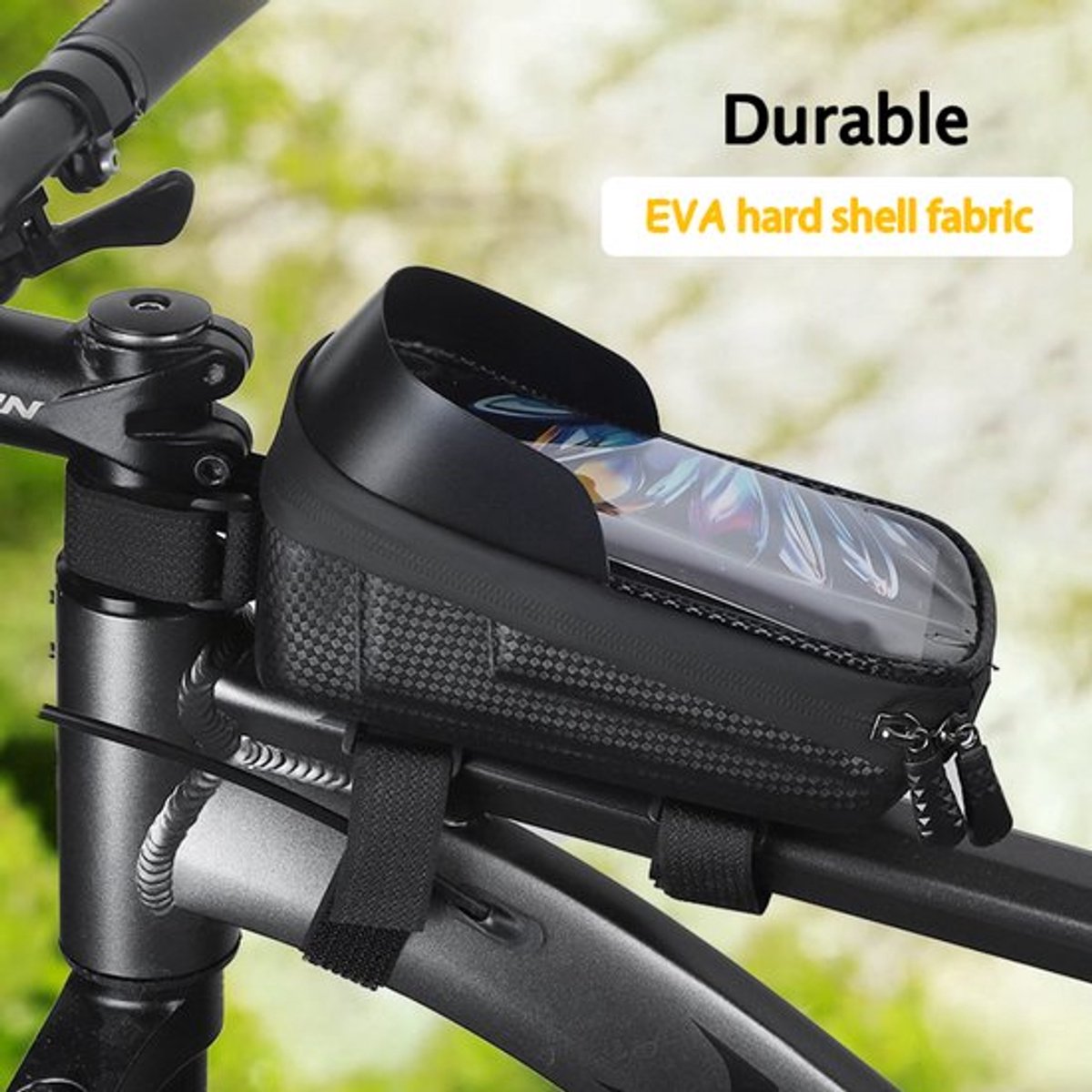 Fiets-telefoonhouder / Stuurtas (voorop gemonteerd) — Waterdicht fietsaccessoire met harde EVA-buitenkant — Fiets-telefoontas — Telefoontas voor e-bikes — Met touchscreen-compatibiliteit en regenhoes — Geschikt voor telefoons tot 6,9 inch