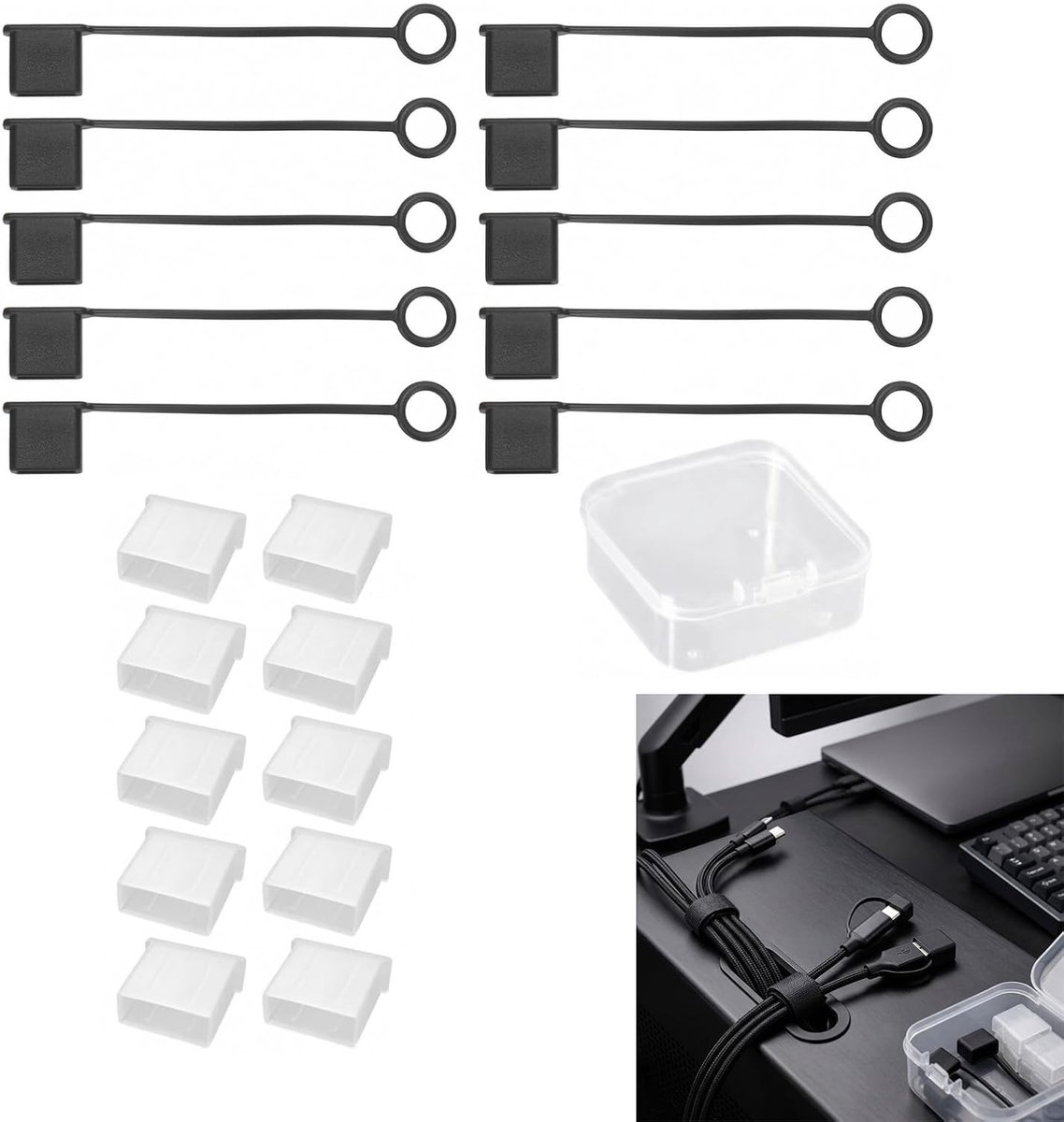 Thijox - 10 Zwarte Stofkappen voor USB-C en USB-A Aansluitingen met Siliconen Opbergdoos - Bescherming voor Laadkabels en Gegevens - Interactieve Bal
