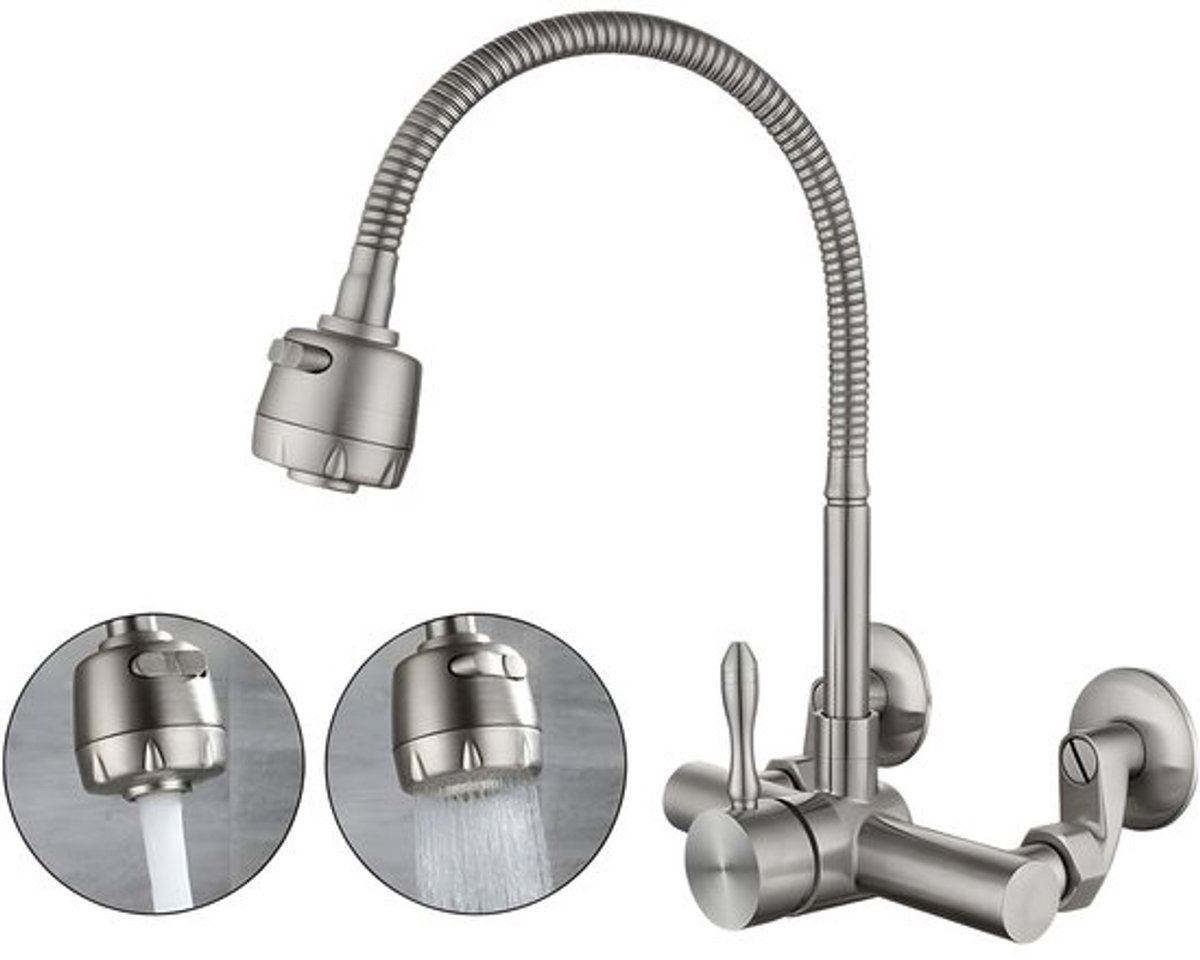 Wandmengkraan keuken - RVS 304 voedselveilig - 360° draaibaar - Voor dubbele spoelbak - Gatenafstand 12-18cm - Zilver - 1 stuk