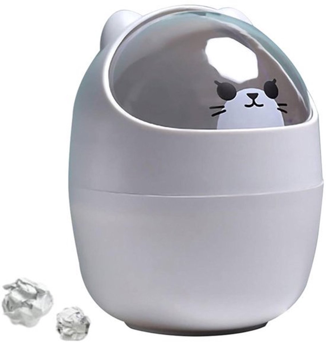 15.5x11cm/6.1x4.3in 500ml Leuke Mini Desktop Prullenbak Cartoon Kat Animal Shape Countertop Bin met Swing Deksel Mini Prullenbak Plastic Prullenbak Kleine Prullenbak (Grijs)