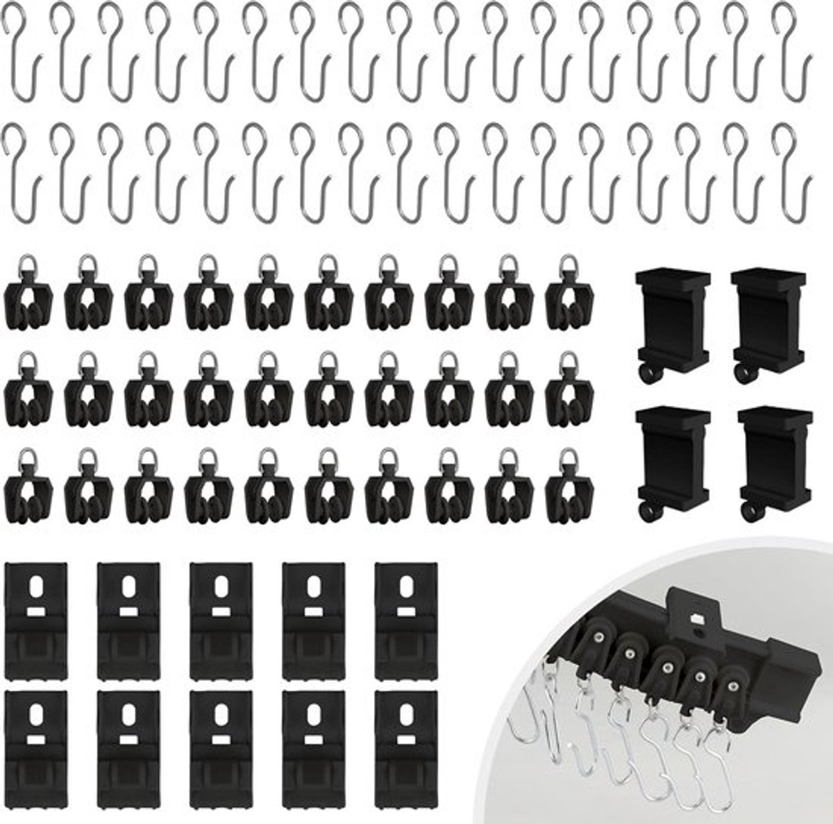 78 stuks beslag voor gordijnrails - gordijnrailrunners - eindkappen - metalen haken - bevestigingsklemmen - zwart - accessoires voor gordijnen