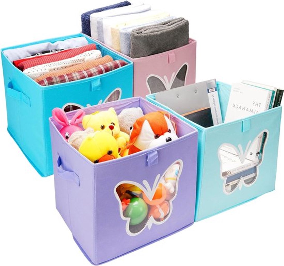 Opvouwbare stoffen opbergmanden - Opvouwbare opbergdozen - Set van 4 - Grijs - Voor speelgoed en kleding - 30 x 30 x 30 cm - Opbergbox met deksel.