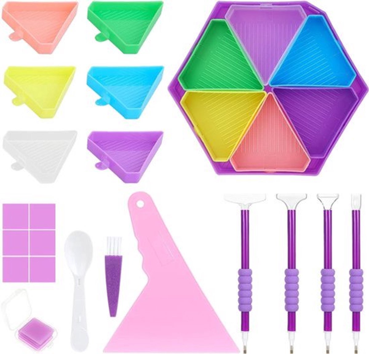 Diamant schildergereedschap accessoires set - 1 grote sorteerder, 6 kleine sorteerder, 1 lepel, 1 penseel, 1 corrector, 1 lijm, 4 punteerstiften