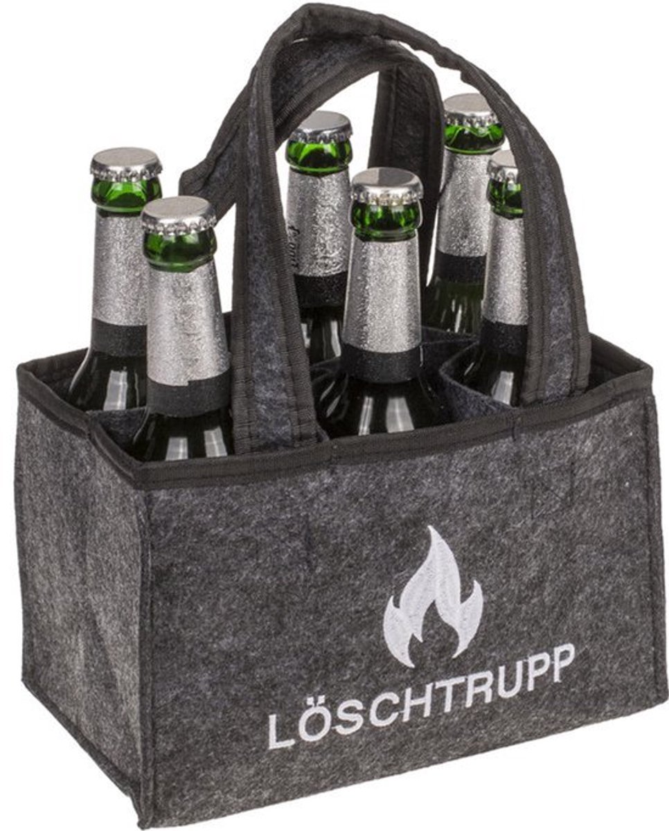 Felt Bottle Carrier Beer Bag - Voor 6 Flessen - Grijs met Borduring - 24 x 15 x 15 cm