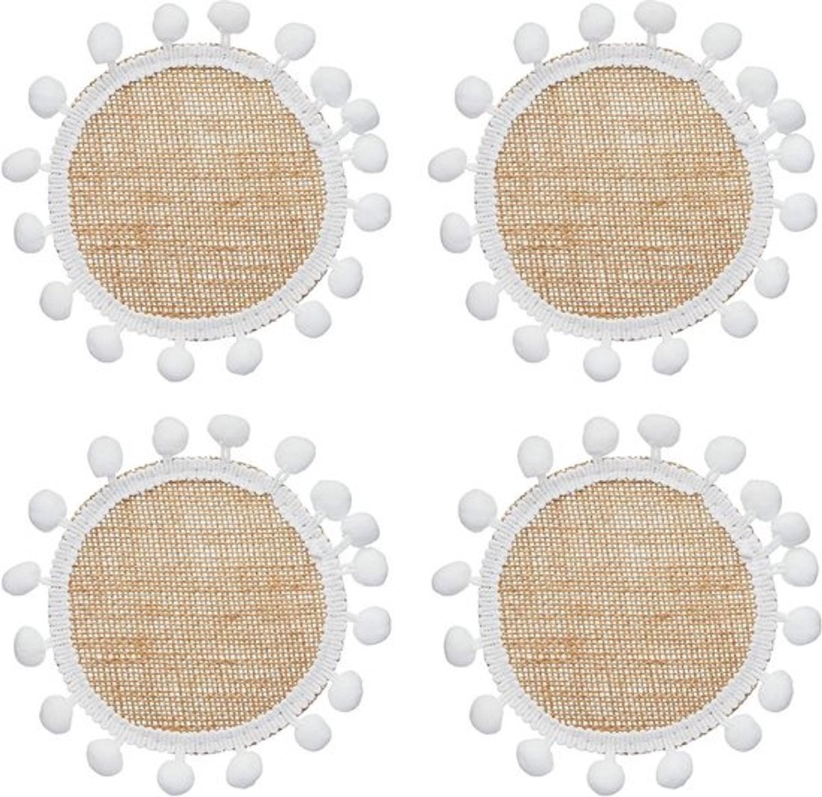 Geweven Juten Onderzetters met Pompomdecoraties - Set van 4 Stuks, 15 Centimeter Medium.