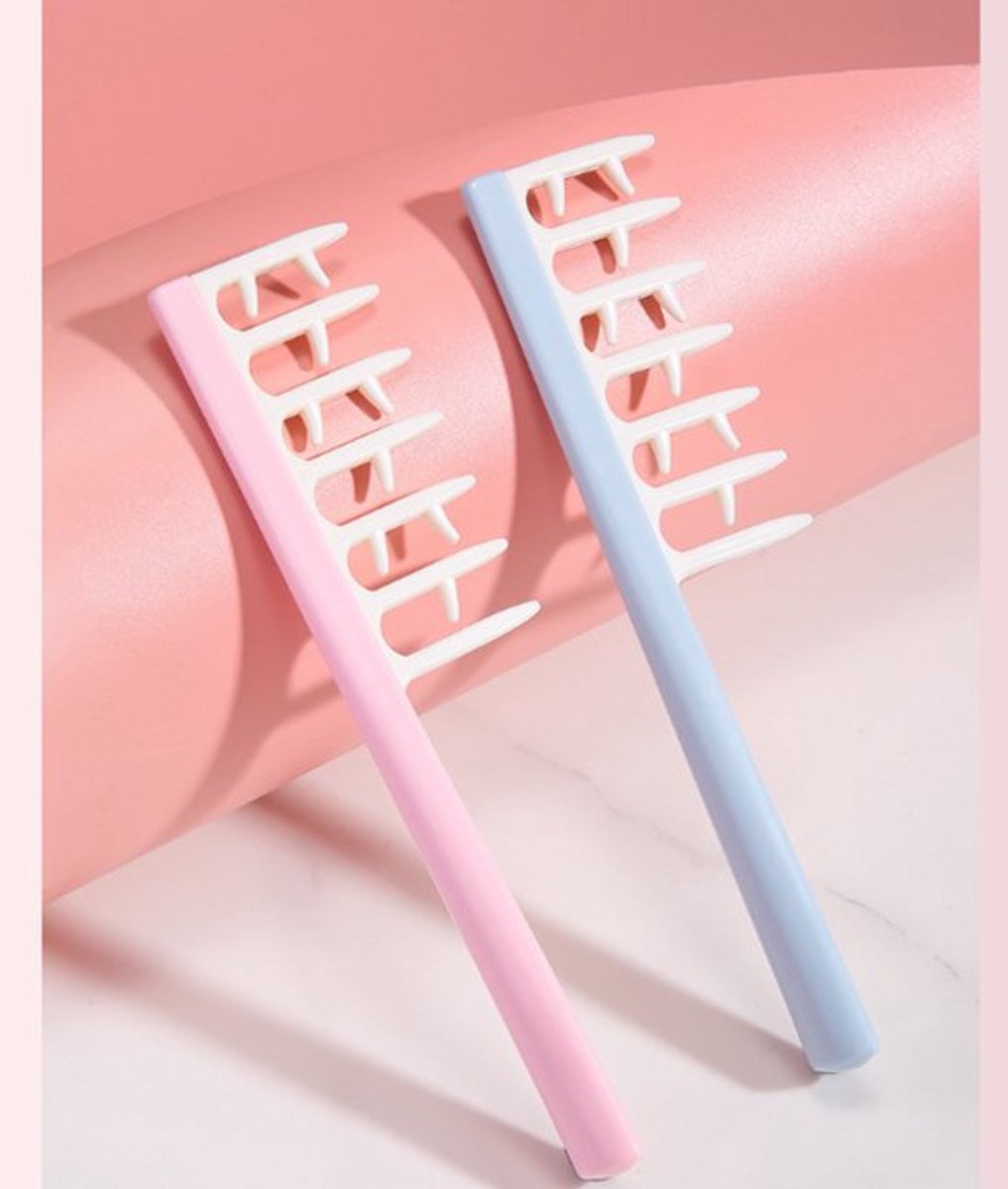 2-delige kam met brede tanden voor het stylen van krullend haar en spleetkam voor pluizige haarwortels - roze + blauw