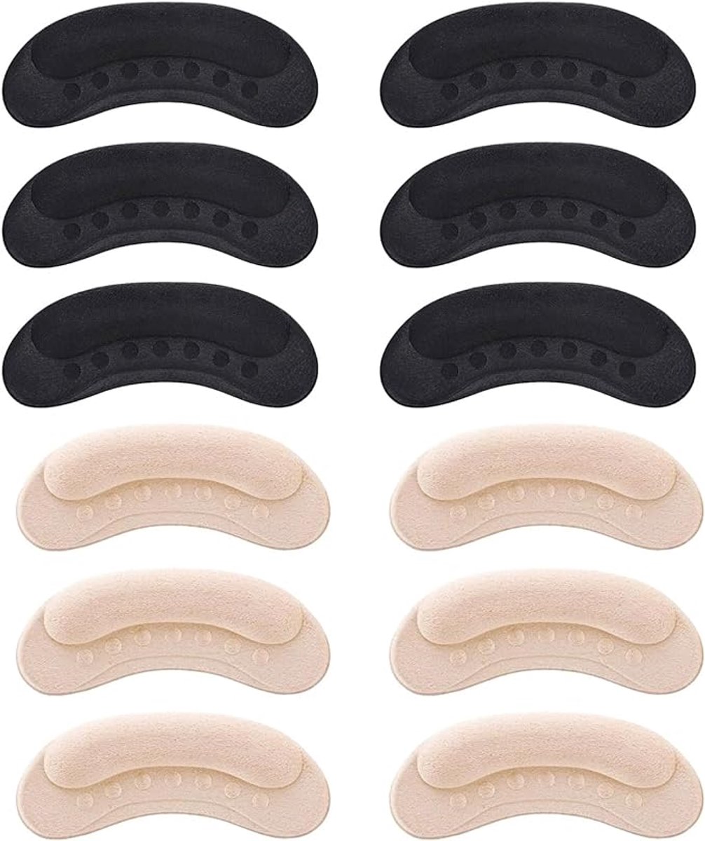 Hielgrips – Inlegzolen voor halve maten – 12 stuks – Hielkussen 6 paar – 9.6×3.2 cm – antislip hielinleg voor losse schoenen – voorkomt blaren en hielpijn – voor dames en heren – zwart, beige