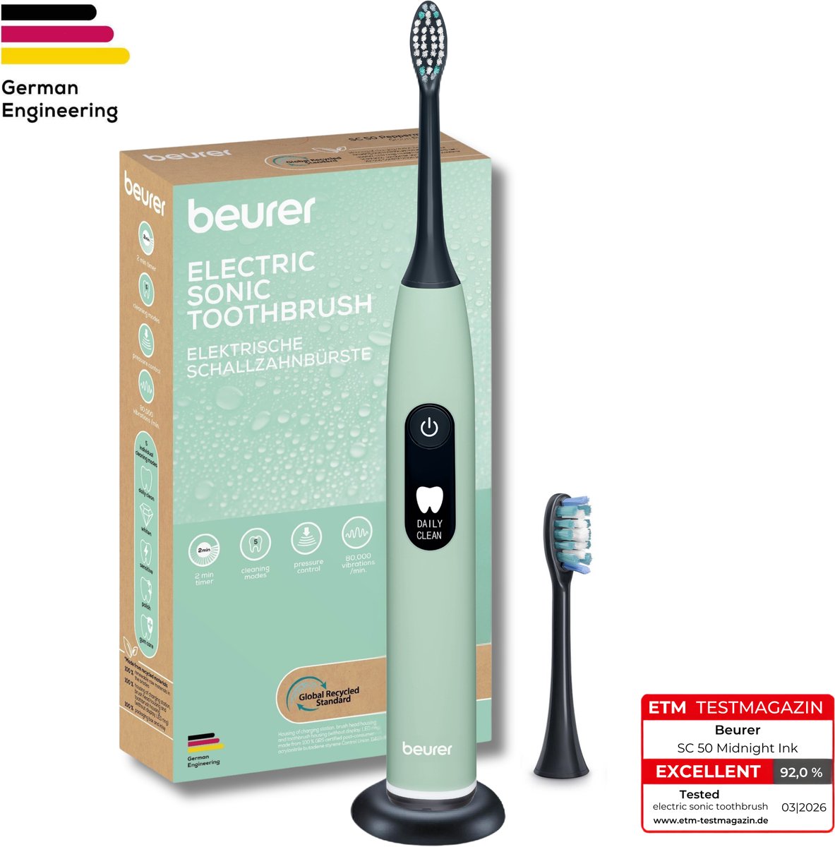Beurer Elektrische Tandenborstel - Sonische Technologie - 5 Poetsstanden - Incl. 2 Opzetborstel - Gezondheid begint thuis - SC 50 - Peppermint