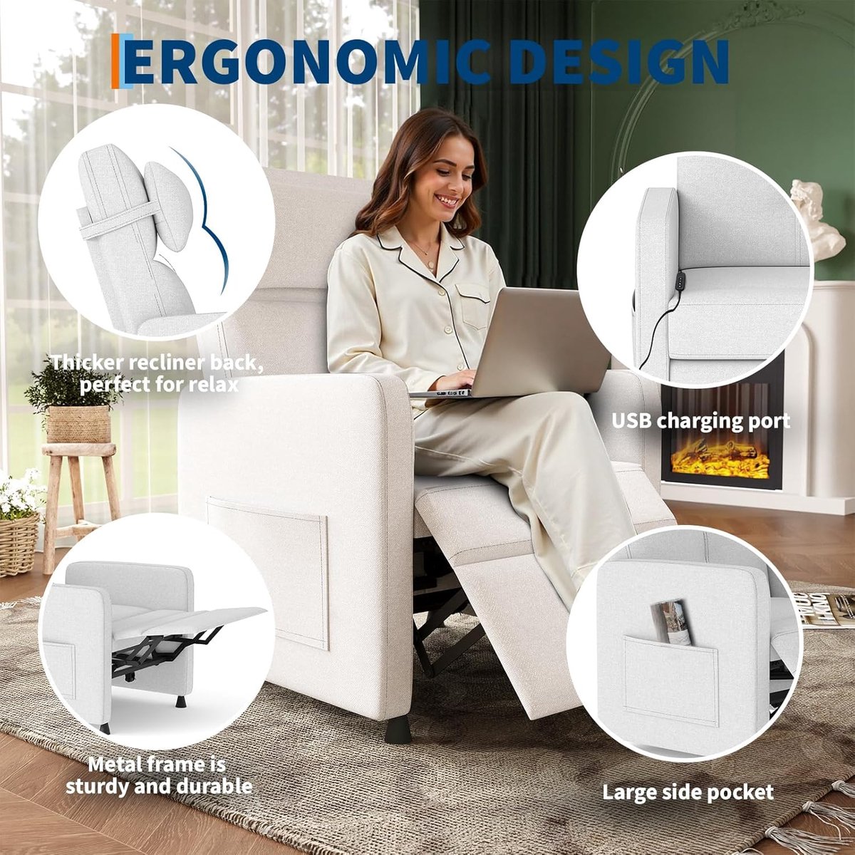 Elektrische Relaxstoel met Massage en Verwarming - Verstelbare TV-stoel (105-165°) - Linnen Look - Max. 180 kg - Inclusief Afstandsbediening & Geheugenfunctie - wit – foto 3