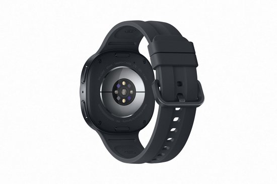 Achterkant van de zwarte Samsung Galaxy Watch9 smartwatch met donkergrijs bandje, met sensoren zichtbaar.