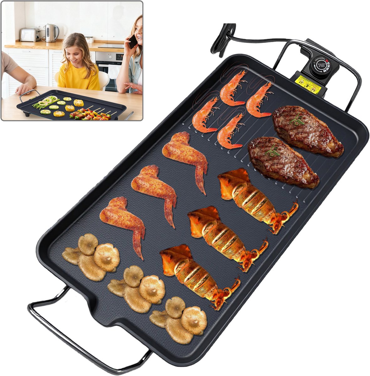 Elektrische tafelgrill 1500W met antiaanbaklaag, 5‑standen temperatuurregeling, rookarme binnen‑BBQ met EU‑stekker