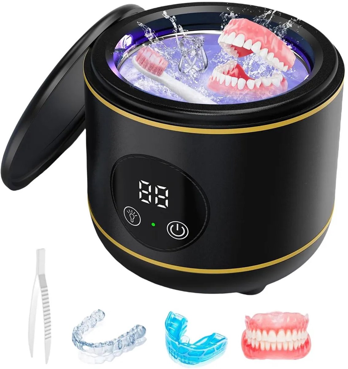 LISM-Ultrasone reiniger met UV-lamp, draagbare behandelkamer, Geschikt voor gebitsprotheses, beugels en sieraden (alleen apparaat + pincet).