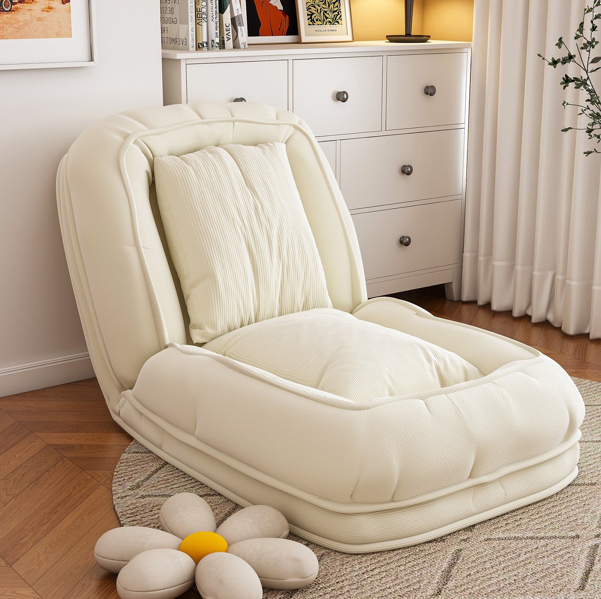 FloraGrace Chaise Longue 180 x 90 cm - Ergonomisch 5-Voudig Verstelbaar Met 2 Kussens - Opvouwbaar Relaxbed - Stof En Metaal - Off White