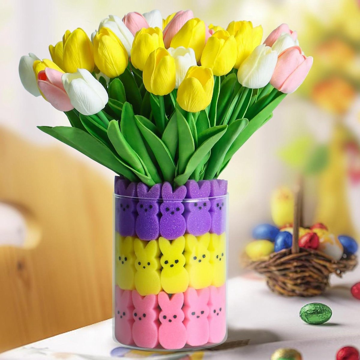 Paasdecoraties set - Lente decoratie - Huis opfleuren - Realistische tulpen - 15 tulpen 45 konijntjes - Meerkleurig