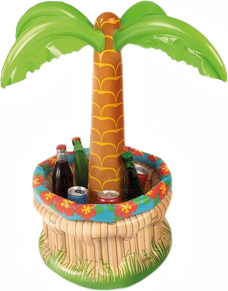 LISM-Een opblaasbare palmboom met een ingebouwde koelbak voor drankjes, geschikt voor ijs en water. Hij is ongeveer 70 cm hoog en 40 cm in diameter, waardoor hij ideaal is voor strandfeesten en themafeesten.