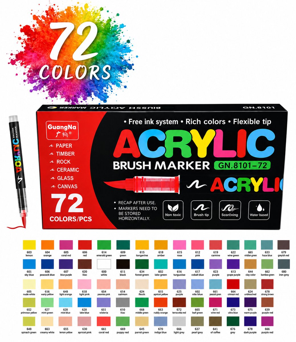 GuangNa 72 Kleurstiften voor Volwassenen – Acrylstiften Brush Stiften voor Stenen Schilderen – Penseel Pen Acryl Stiften Verfstiften – Acryl Marker Verfstiften, Verf Stiften, Paint Markers, Acrylmarkers, Acrylic Stiften en Tekenstiften