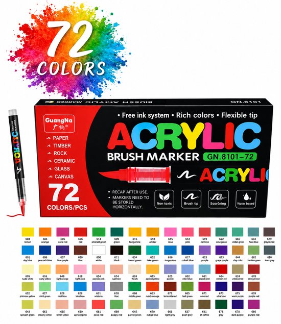 GuangNa 72 Kleurstiften voor Volwassenen – Acrylstiften Brush Stiften voor Stenen Schilderen – Penseel Pen Acryl Stiften Verfstiften – Acryl Marker Verfstiften, Verf Stiften, Paint Markers, Acrylmarkers, Acrylic Stiften en Tekenstiften