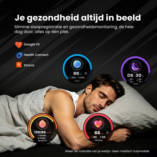 Man slaapt, terwijl de smartwatch gezondheidsmonitoring toont: SpO2, slaap, bloeddruk en hartslag. Toont Google Fit, Health Connect en Strava.