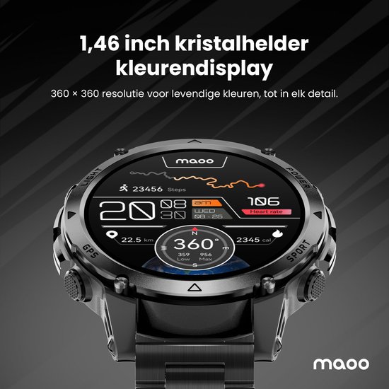Grijze smartwatch met metalen band en een kristalhelder kleurendisplay, dat '360x360 resolutie' toont.