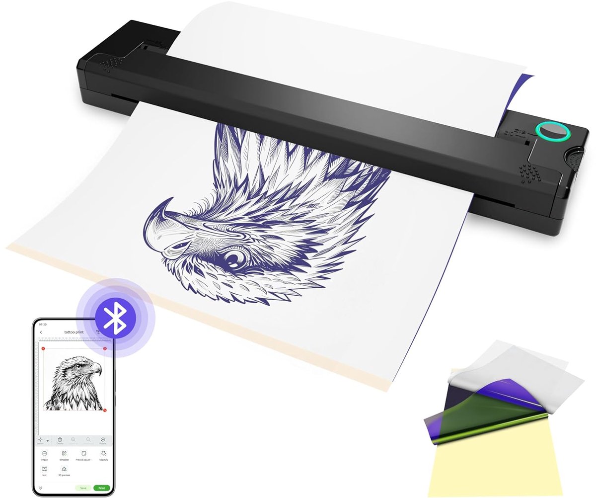 Printer - Draagbare Thermische Transfer Printer - Tattoo Stencil Printer Draadloos - met Bluetooth - Inktloze Stencil & Sjablonen Printer - 2000 mAh - Mobiele A4 Printer - voor Smartphone & PC - Zwart