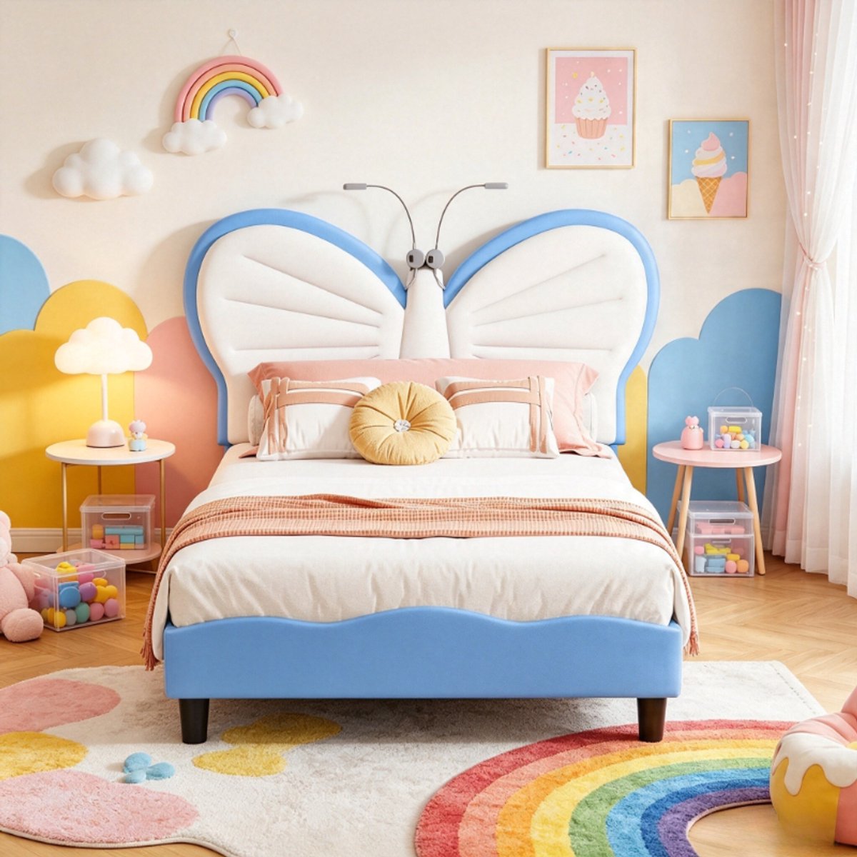 Kinderbed 90x190 cm met leeslamp, eenpersoonsbed met vlinder hoofdbord, gestoffeerd junior bed met verstelbaar hoofdbord, fluwelen bedframe in wit blauw, zonder matras
