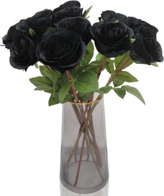 Kunstrozen bloemen - Zijden rozen - Huisdecoratie - Realistisch uiterlijk - 12 stuks - Zwart