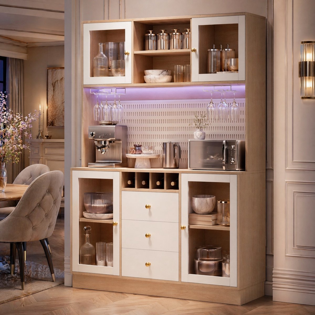 Wishdor - Keukenkast - Hoge opbergkast met LED verlichting, wijnrek, glasdeuren en verstelbare planken - modern voor keuken of eetkamer - houtlook wit - 140 x 40 x 185,7 cm