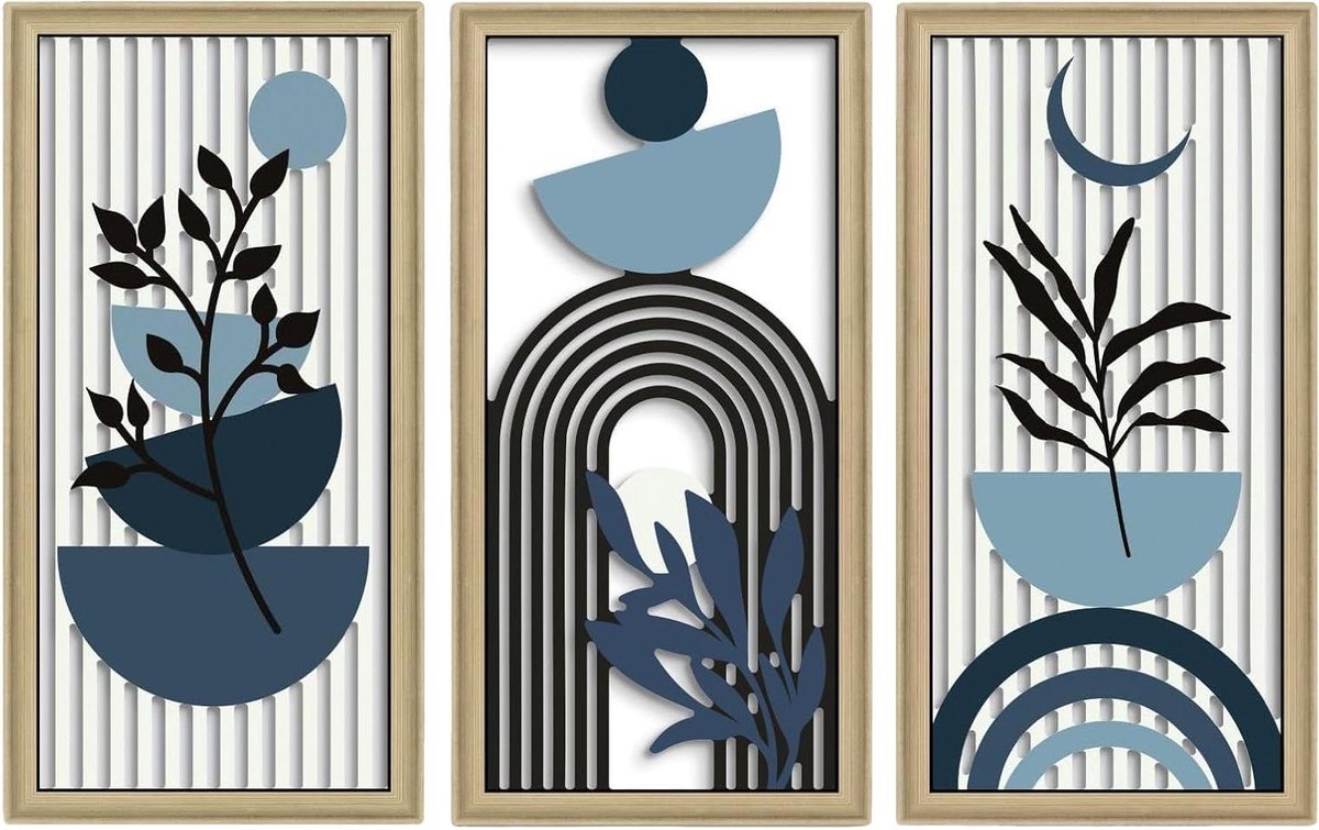 Wanddecoratie set - Boho stijl - Muren verfraaien - Natuurlijk hout design - 40 x 20 cm - Blauw