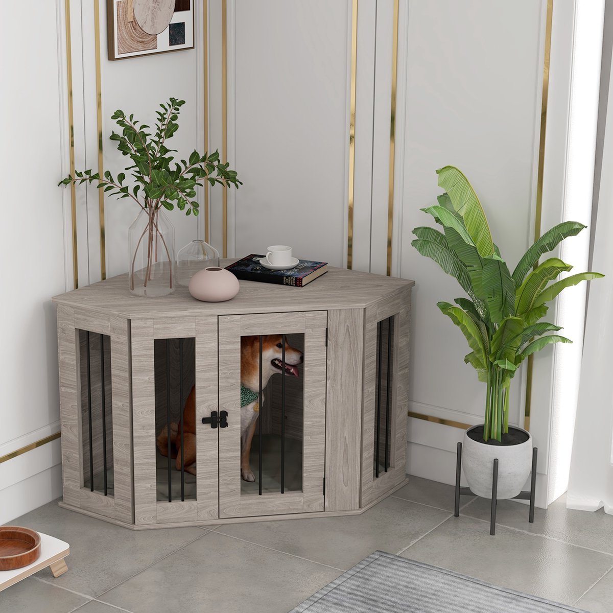 MIVRAY Hondenbench – 104 x 55 x 63 cm – Met Deurgrendel En Kussen – Hout En Staal – Walnoot – Voor Middelgrote Honden