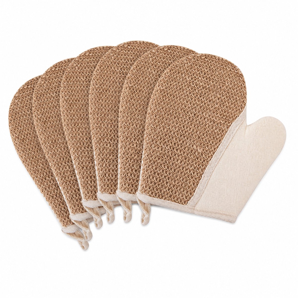 VHV - Scrubhandschoenen - Exfoliërende douchehandschoenen - Badwashandjes van jute en katoen - Diepe reiniging - Met ophanglus - Voor dames en heren - Set van 6 - Bruin