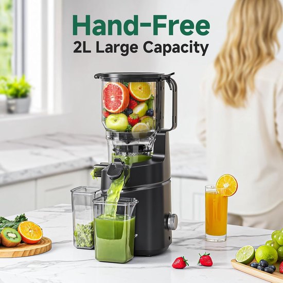 SnelShoppen - Slow Juicer 250W - Automatische Koudgeperste Sapcentrifuge met 150 mm XL Vulopening, 2 Liter Inhoud, Drievoudig Filter, Grijs voor Keuke van Snelshoppen — afbeelding 2