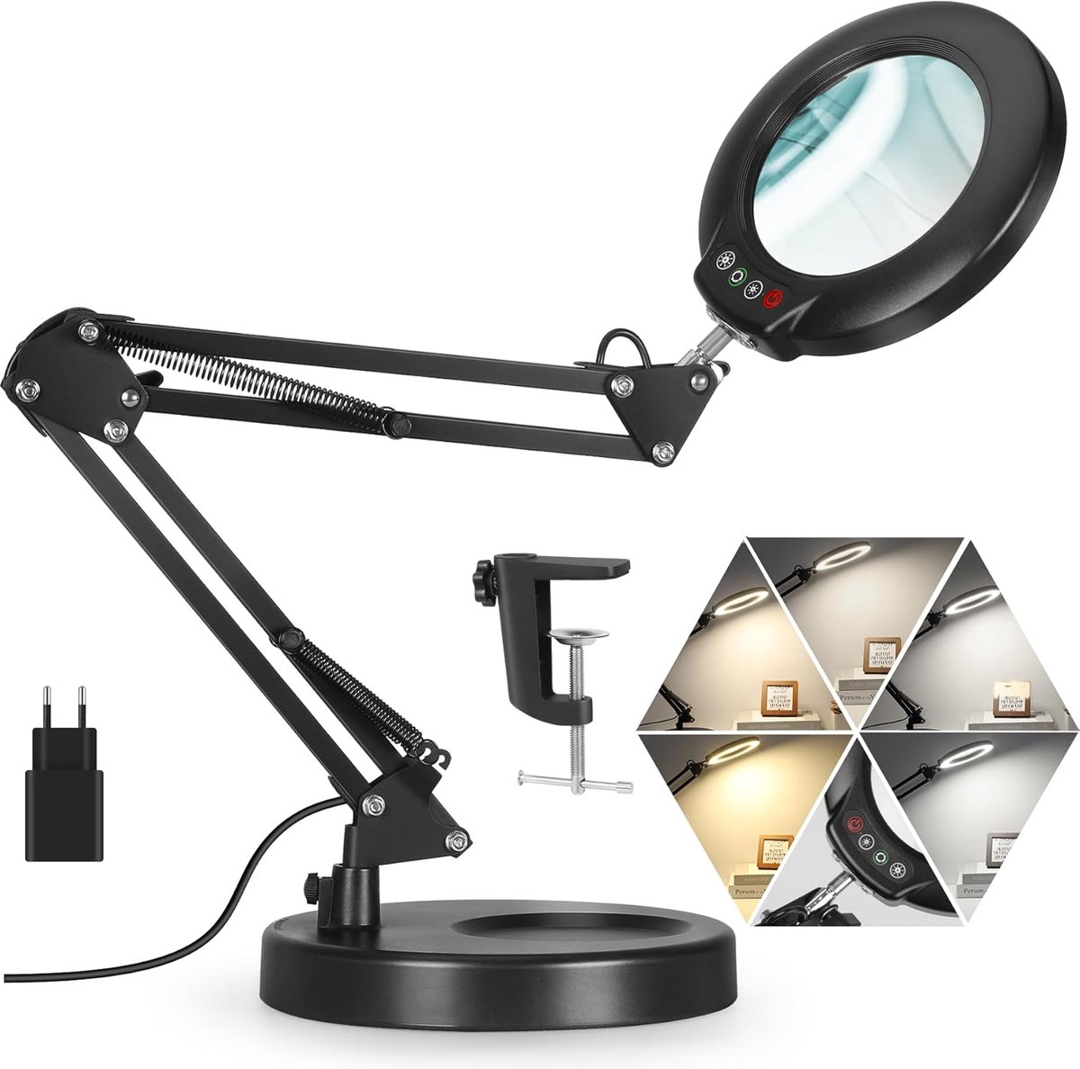 SnelShoppen - 10X Vergrootglas met Licht, 5 Kleurmodi, Traploos Dimbare LED Bureaulamp en Klem, Handen Vrij voor Handwerk, Hobby, Schilderen en Precis