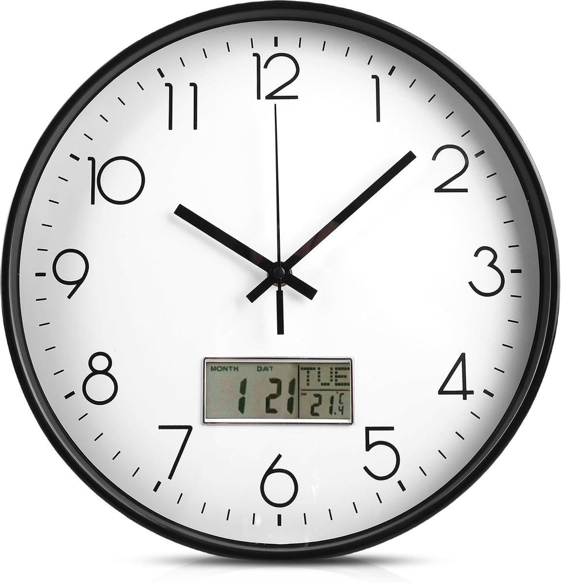SnelShoppen - Witte Wandklok 30 cm met Temperatuurweergave, Stille Analoge Kwartsklok, Digitale Kalender, Zilveren Accenten voor Woonkamer, Slaapkamer