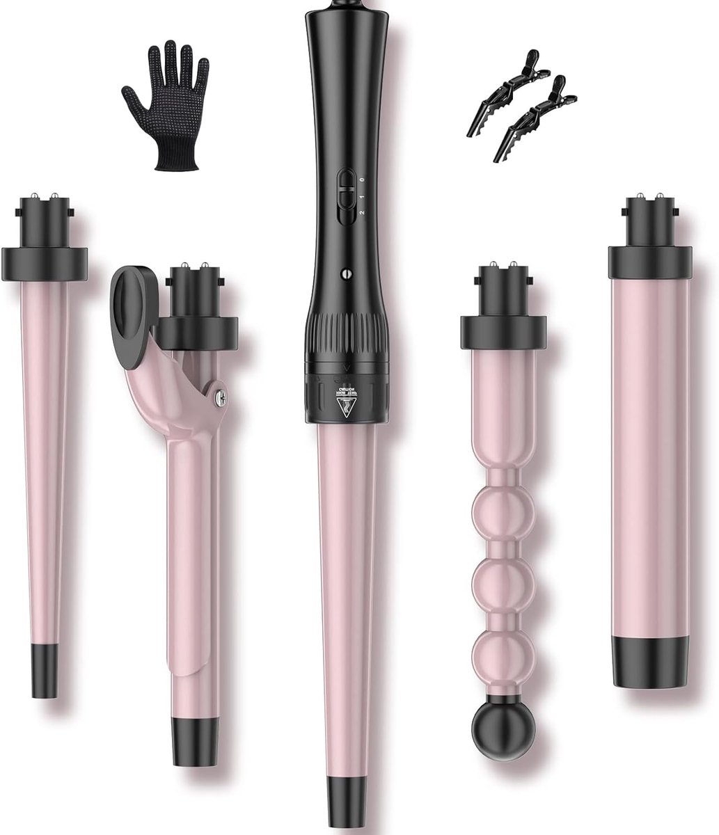 SnelShoppen - 5-in-1 Krultang met Anti-Verbrandingskap, Professionele Haarkrultang voor Lang Haar, 10 mm-32 mm, Inclusief 2 Krokodillenklemmen en Sili