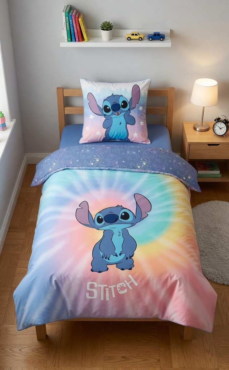 SnelShoppen - Stitch Tie-Dye 1-Persoons Dekbedovertrek 140x200 + Kussensloop 65x65 Pastel | Omkeerbaar Beddengoed | Polykatoen | Machinewasbaar | Perf